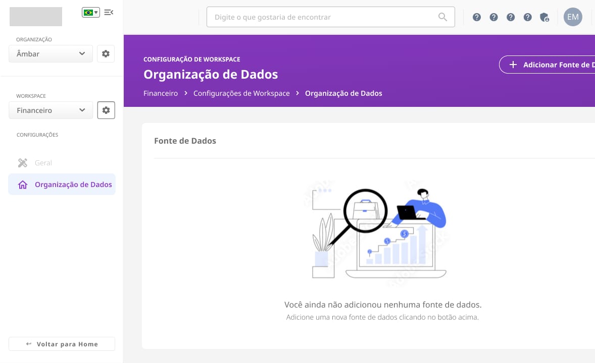 DHuO: configuração de workspace, tela Organização de Dados