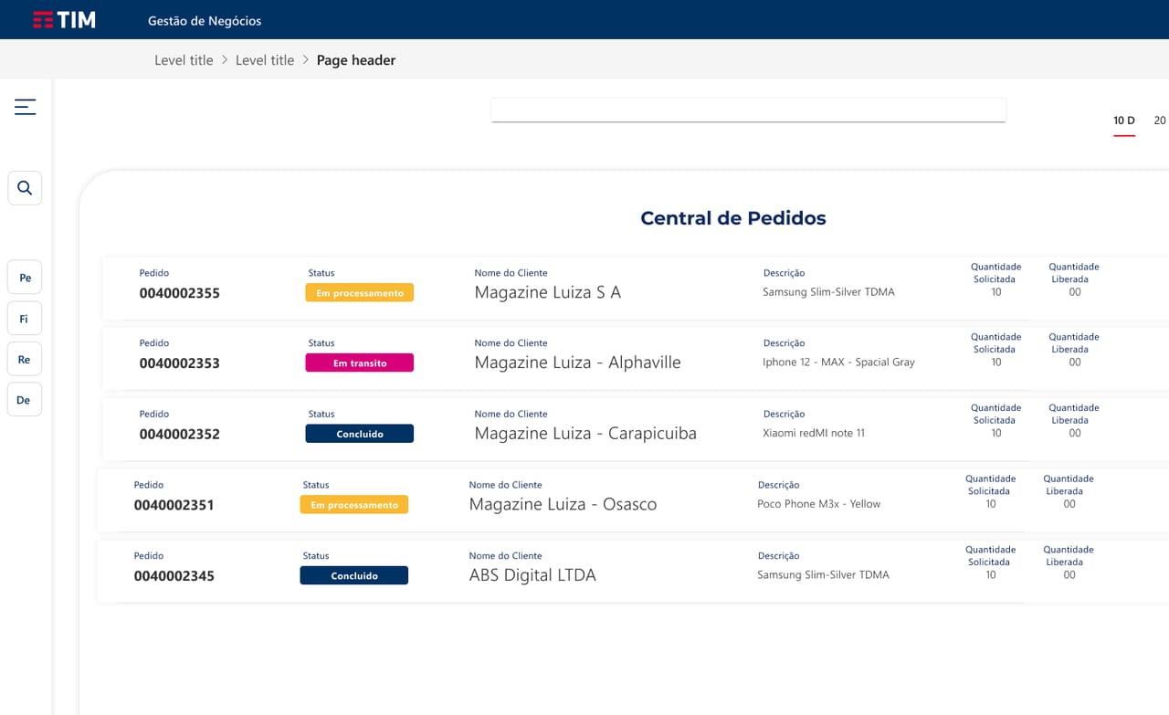 Portal de Parceiros TIM: Central de Pedidos com status de cada pedido