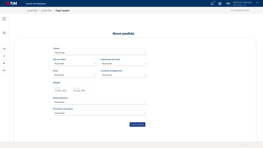 Portal de Parceiros TIM: tela de criação de pedido