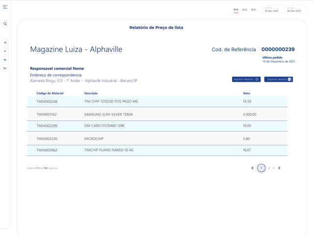 detalhes Relatório de preço de Lista